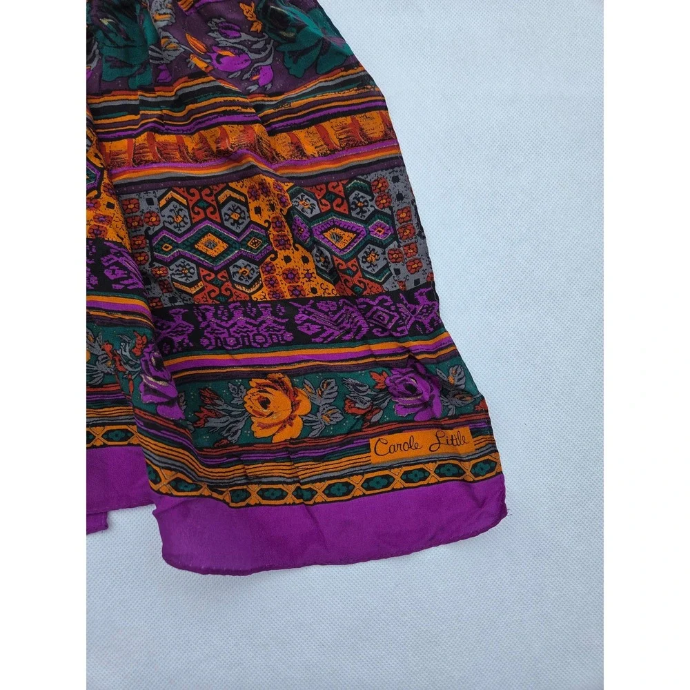 Carole Little Vintage Purple Silk Scarf Floral Geometric Gold Accent Boho 90s